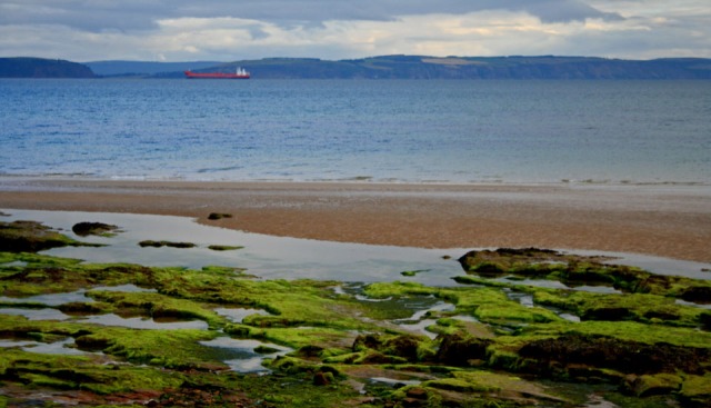 view from Nairn Beach with red ship
